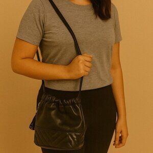 Gold Chain Tassel Women's Black Faux Leather Drawstring Crossbody Bag Small